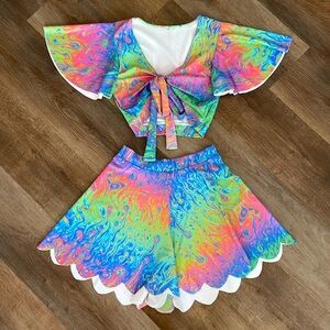Blackmilk clothing marbled rainbow, crop top and short set size small